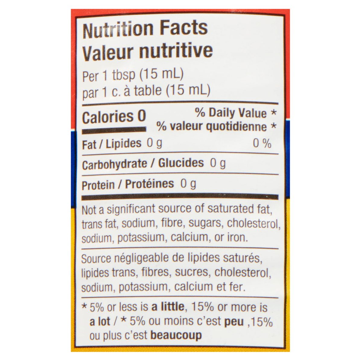 Unico White Wine Vinegar — nutrition facts panel