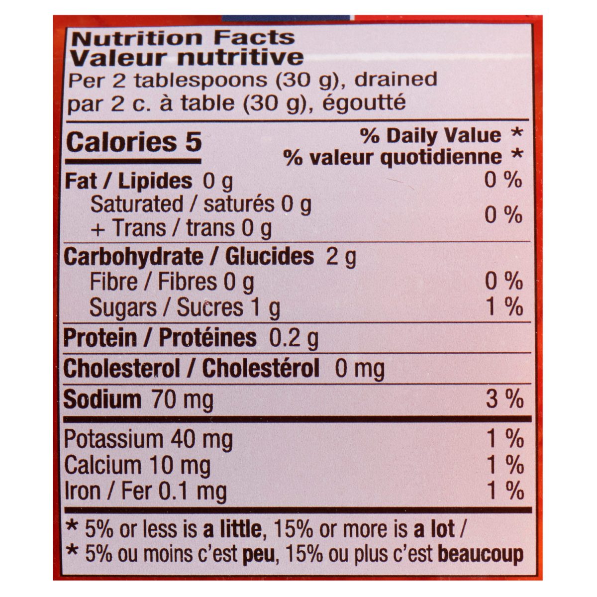 Unico Diced Pimientos — nutrition facts panel
