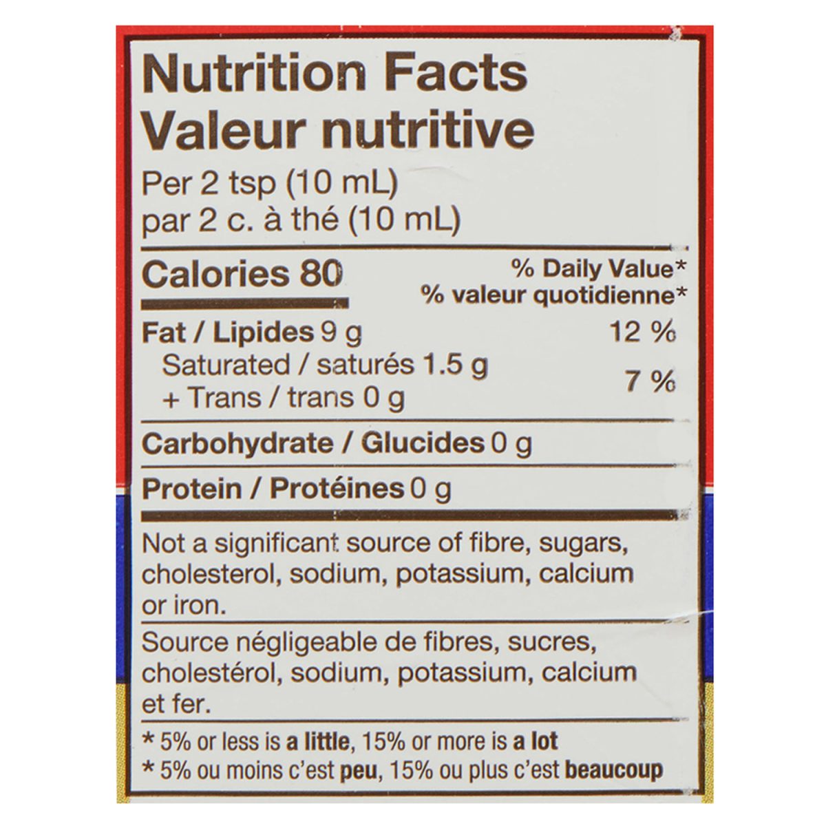 Unico Vegetable Oil — nutrition facts panel