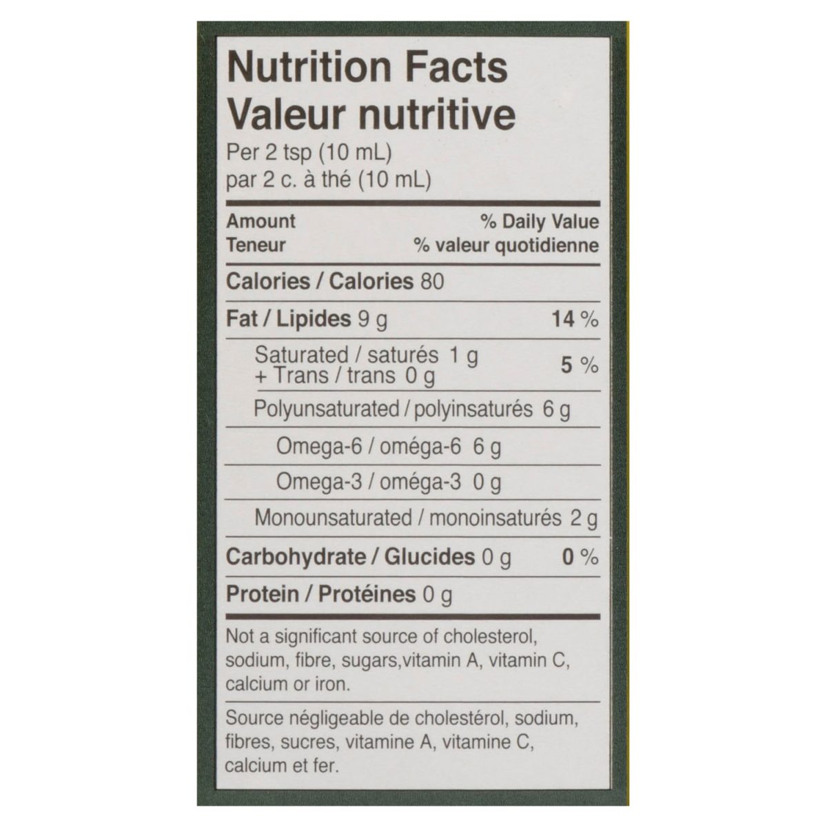 Unico 100% Pure Grapeseed Oil — nutrition facts panel
