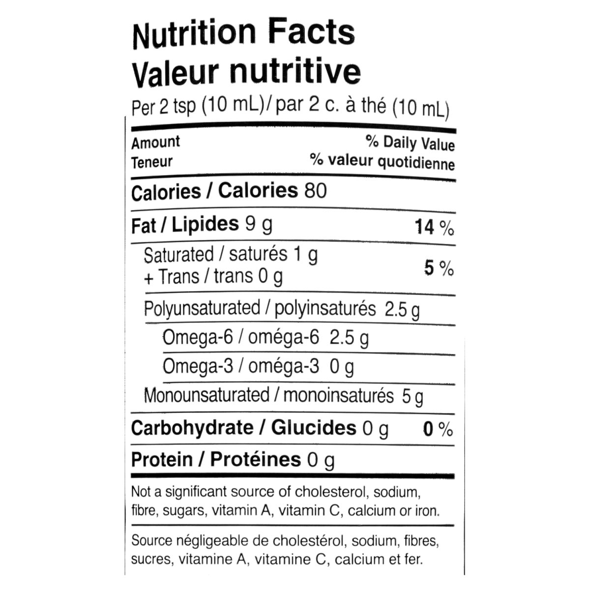 Unico Sunflower Oil — nutrition facts panel