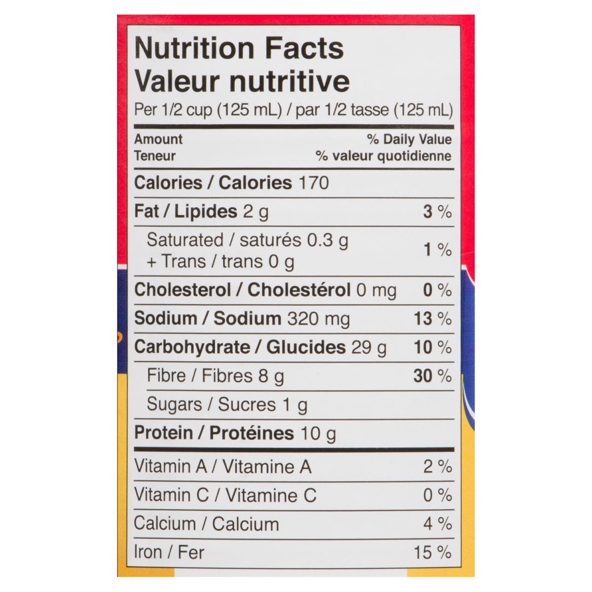 Unico Pois chiches — tableau de la valeur nutritive