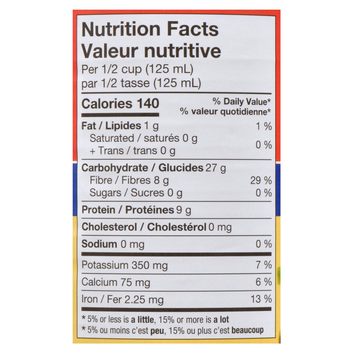Unico Haricots noirs — sans sel ajouté — tableau de la valeur nutritive