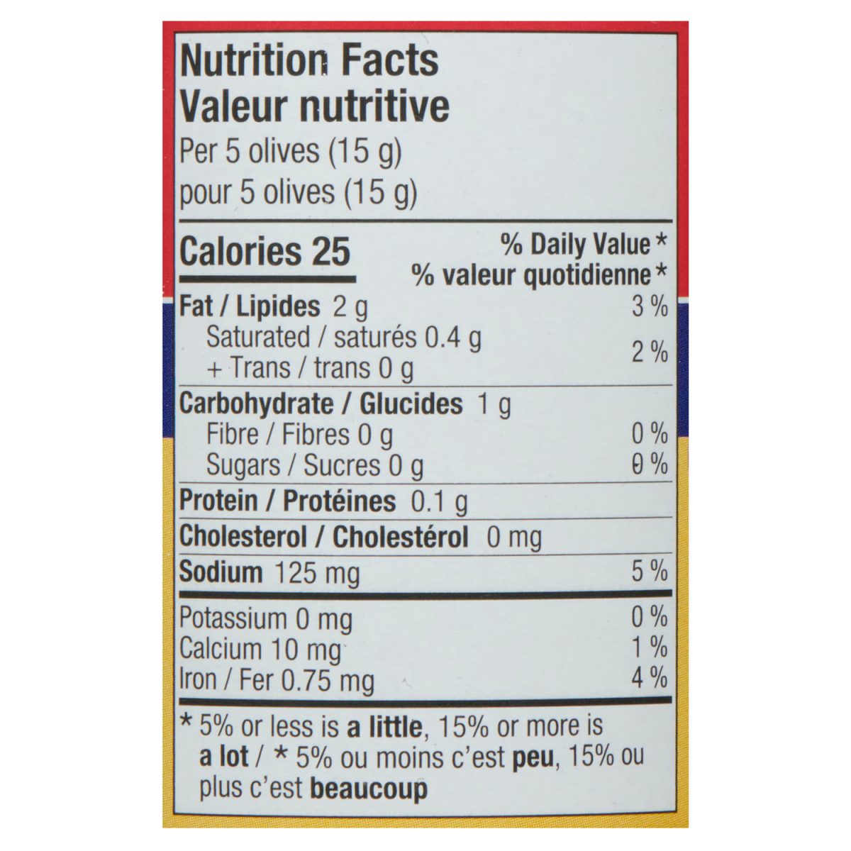 Unico Pitted Ripe Olives — nutrition facts panel