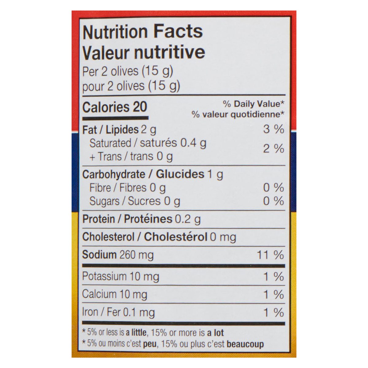 Unico Queen Olives — nutrition facts panel