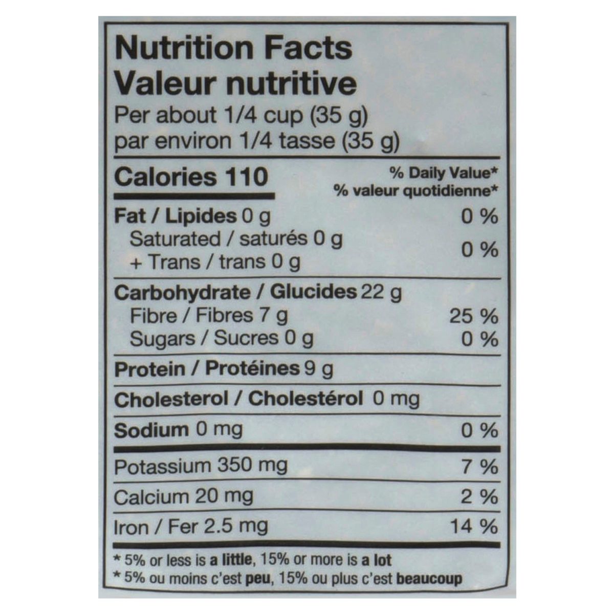 Unico Dry Lentils — nutrition facts panel