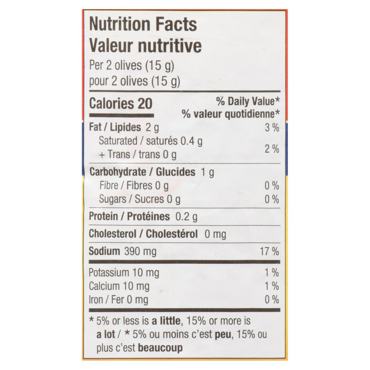 Unico Hot & Spicy Olives — nutrition facts panel