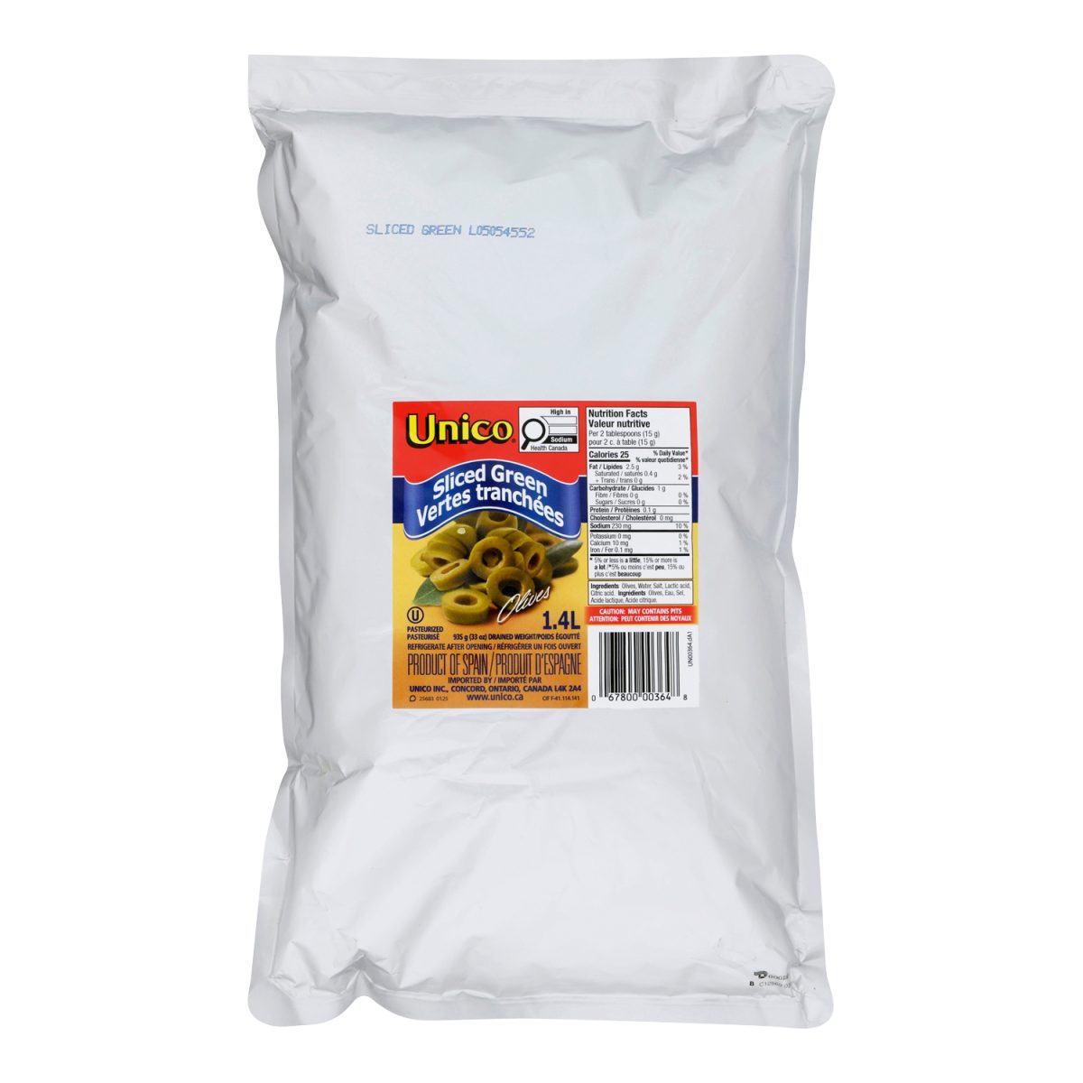 Unico Sliced Green Olives Pouch — product photo