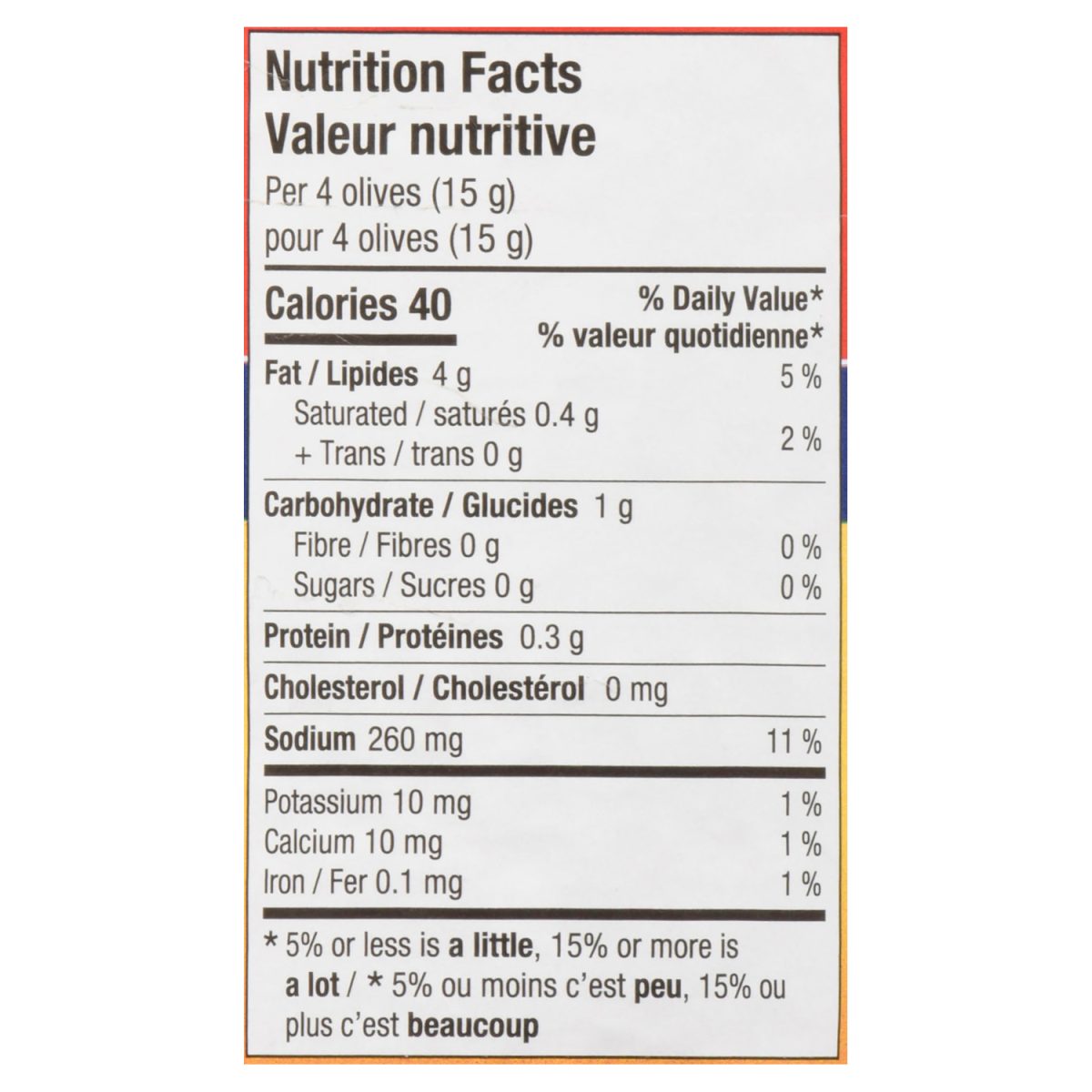 Unico Kalamata Olives — nutrition facts panel