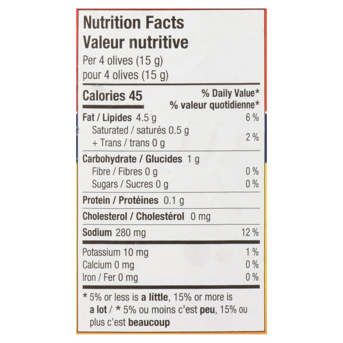Unico Pitted Kalamata Olives — nutrition facts panel
