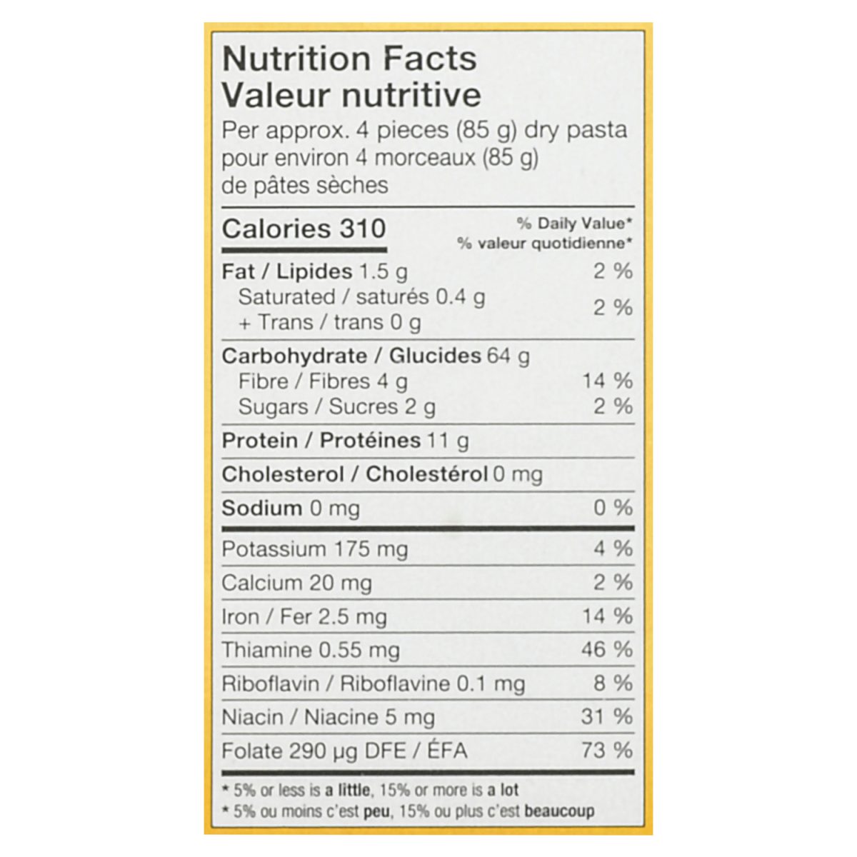 Unico Lasagne — nutrition facts panel