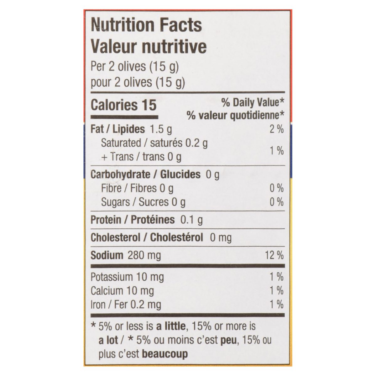 Unico Stuffed Queen Olives — nutrition facts panel