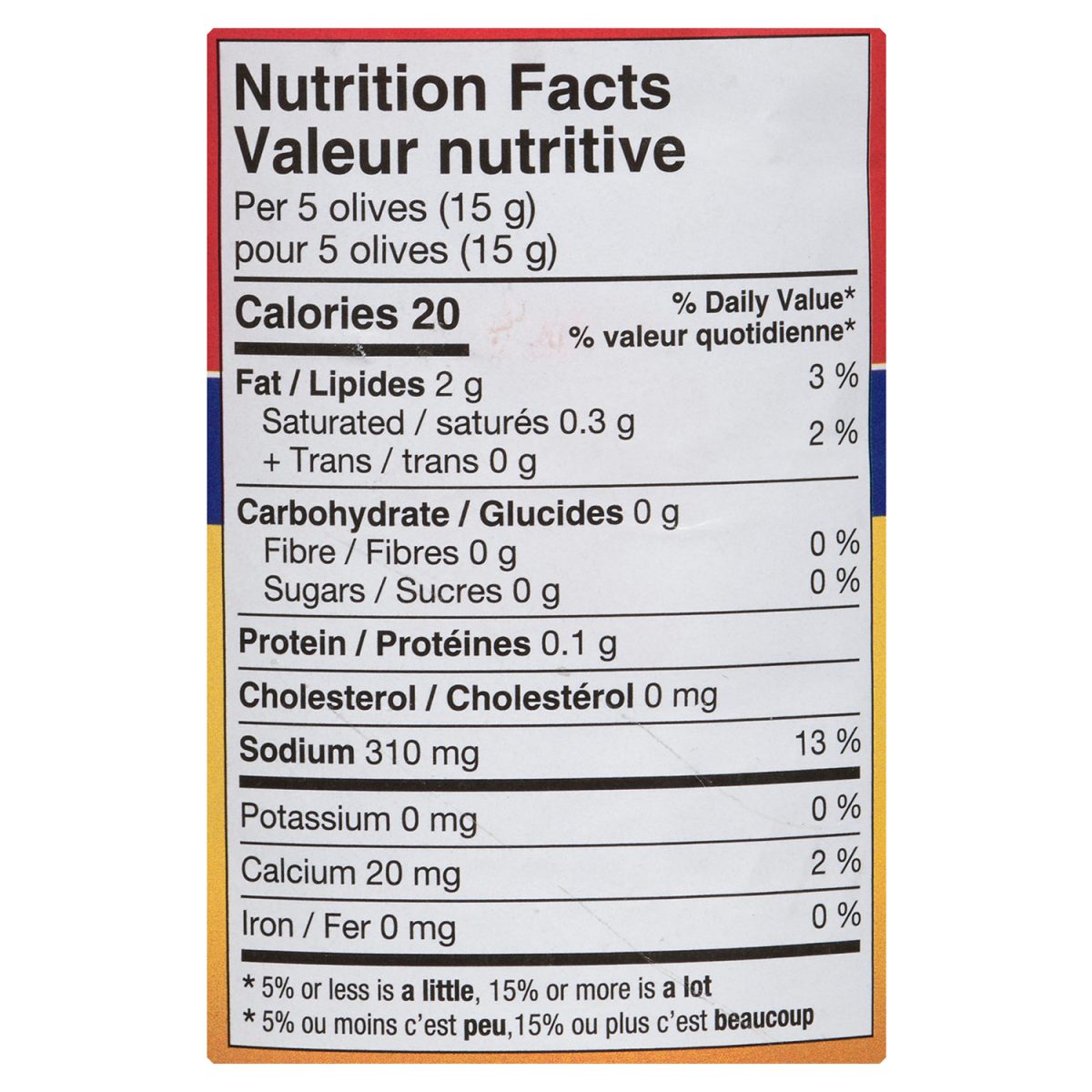 Unico Stuffed Manzanilla Olives — nutrition facts panel