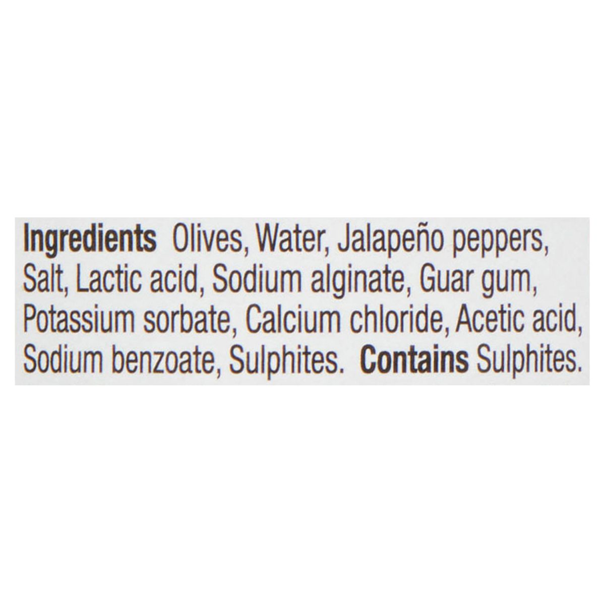 Unico Jalapeño Stuffed Olives — ingredients list (English)