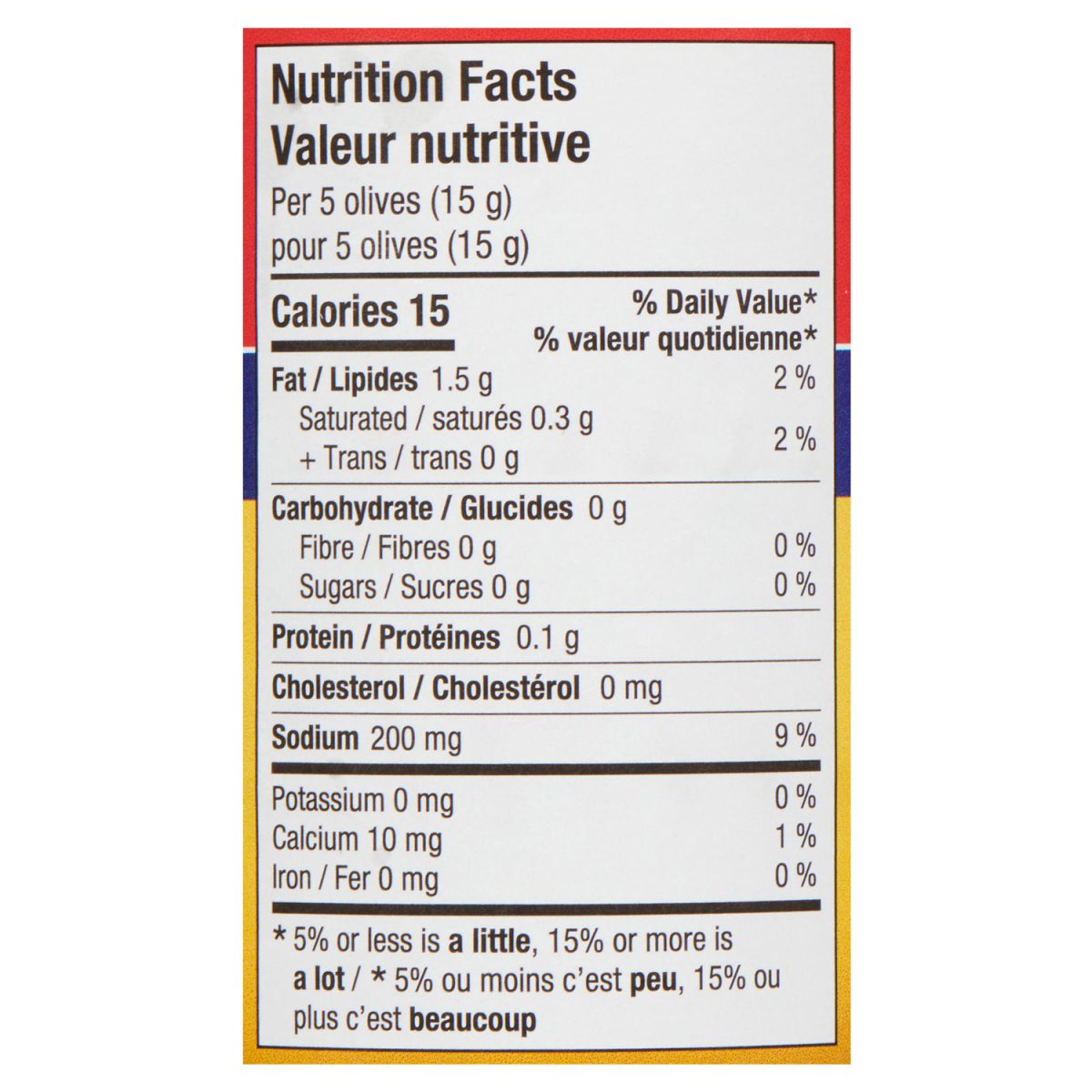 Unico Jalapeño Stuffed Olives — nutrition facts panel