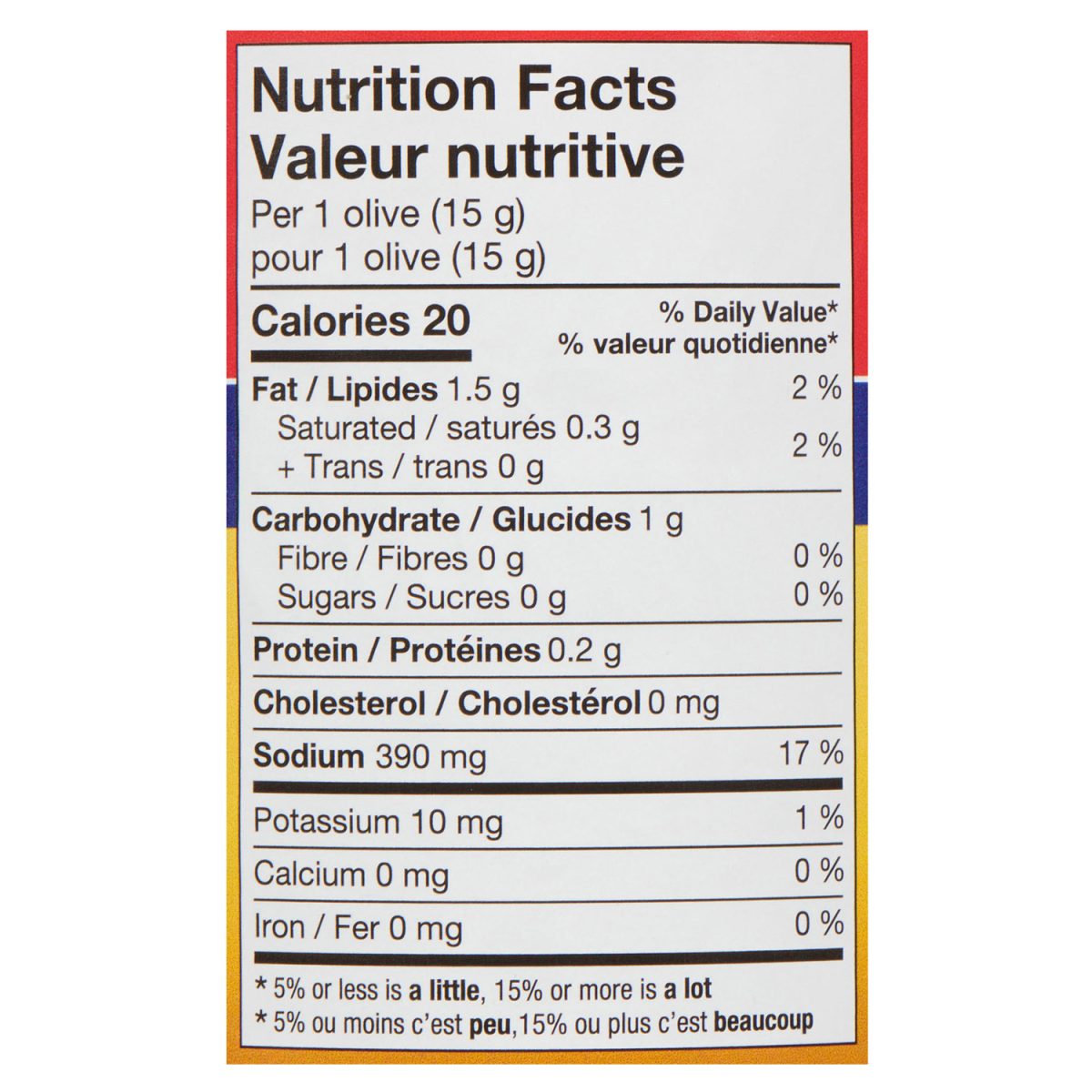 Unico Jumbo Olives — nutrition facts panel