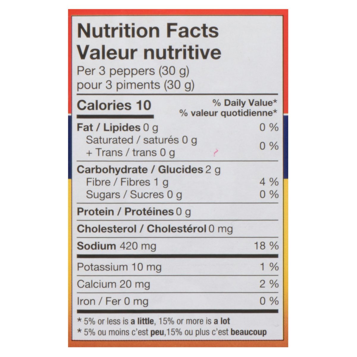Unico Peperoncini — nutrition facts panel