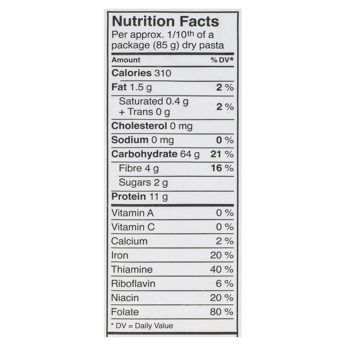 Unico Linguine — nutrition facts panel