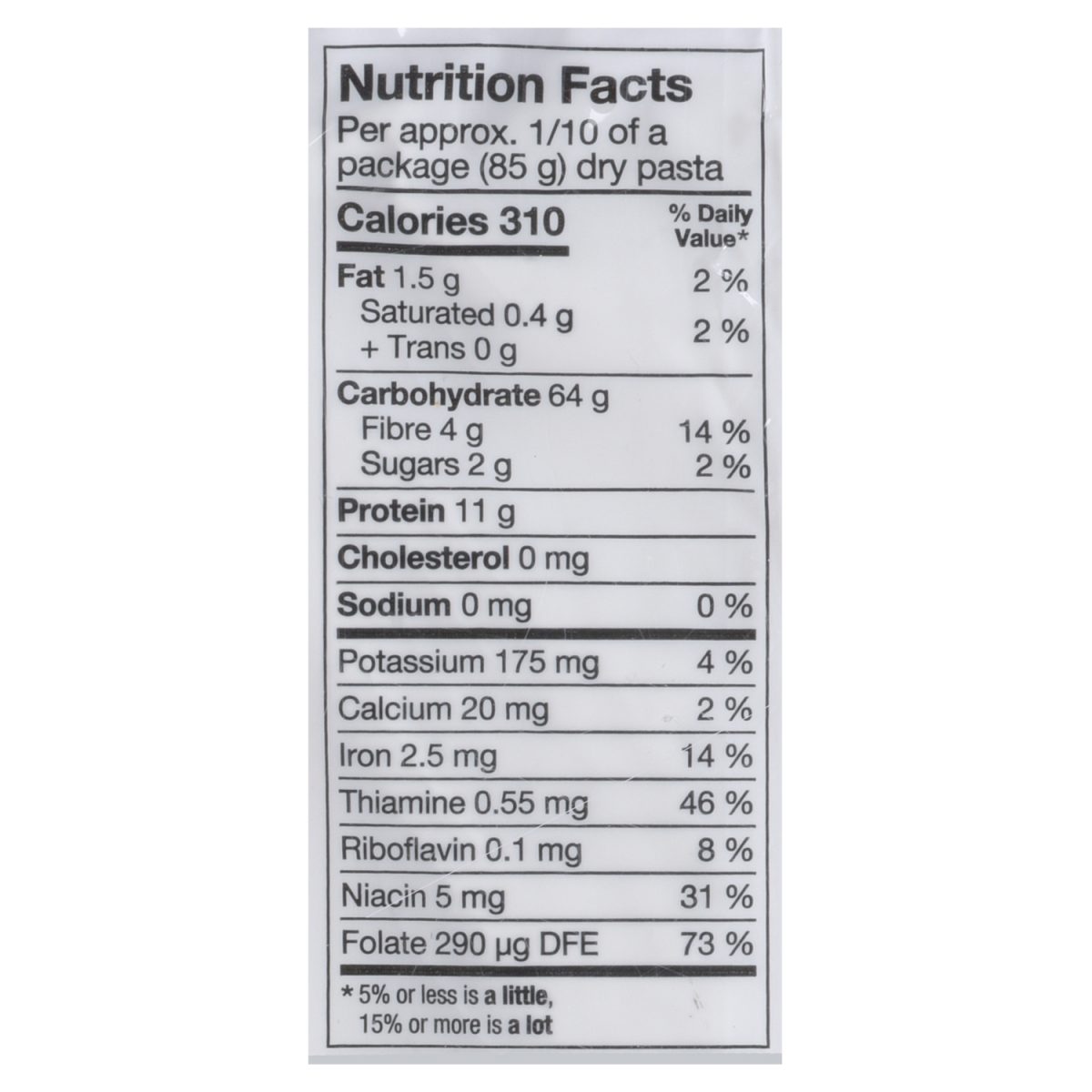Unico Fettucine — nutrition facts panel