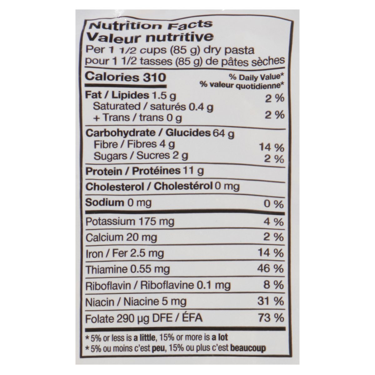 Unico Shells — nutrition facts panel