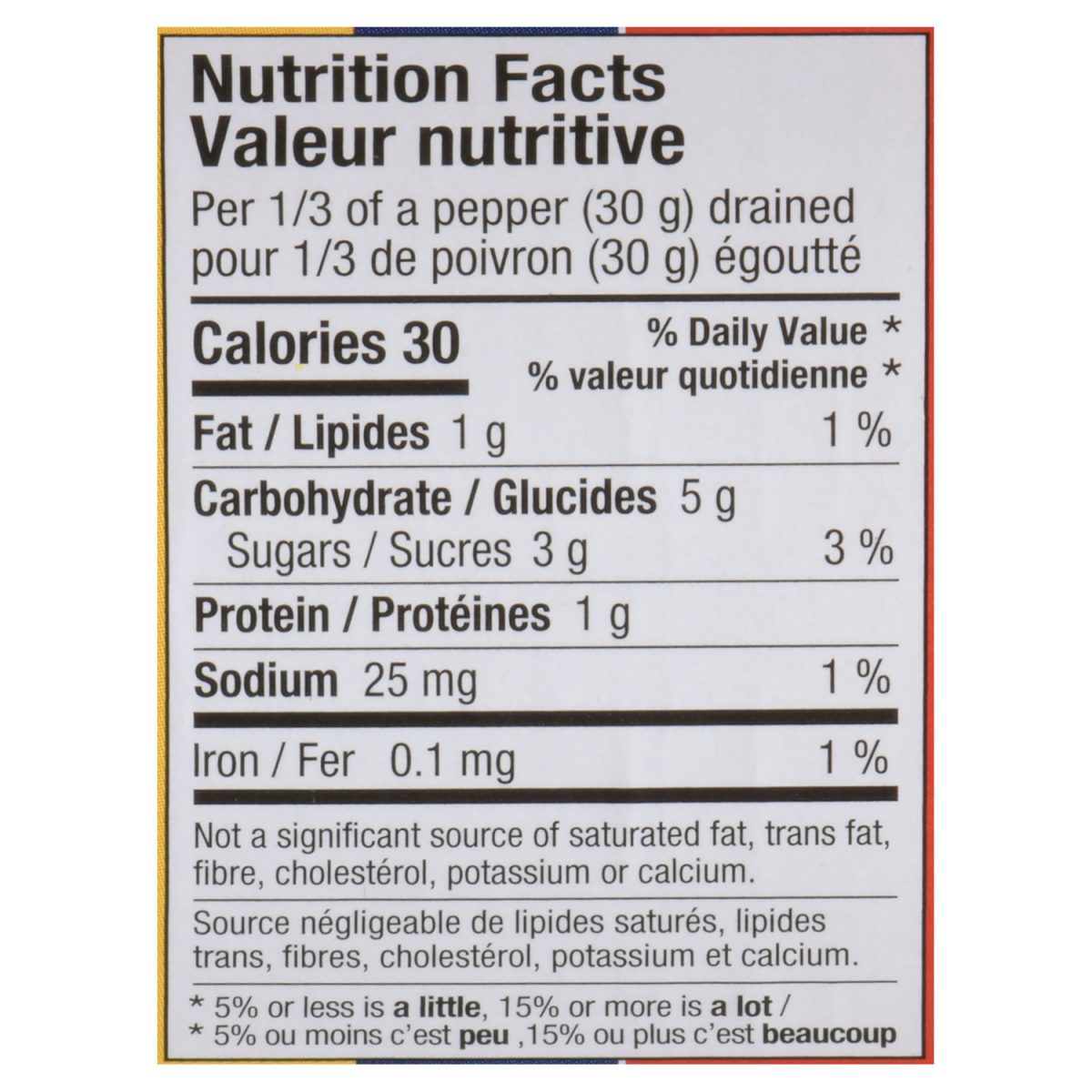 Unico Roasted Sweet Peppers — Whole — nutrition facts panel