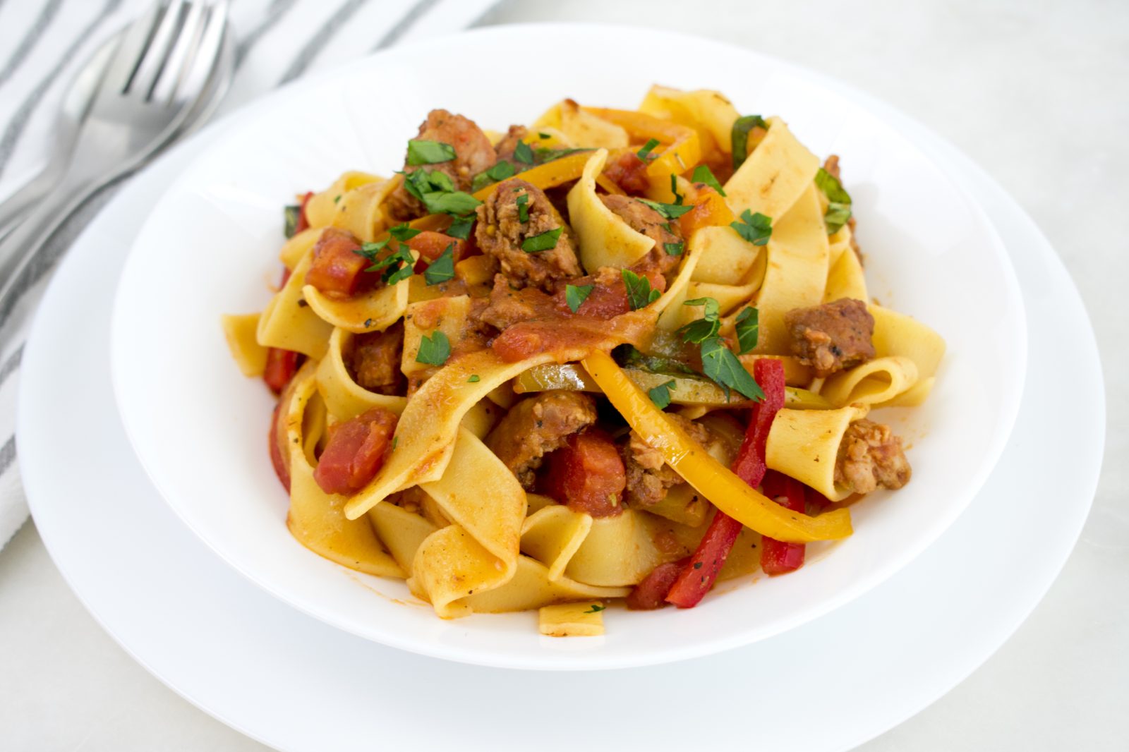 Pasta with Sausage, Roasted Peppers & Tomato Ragu — prepared dish