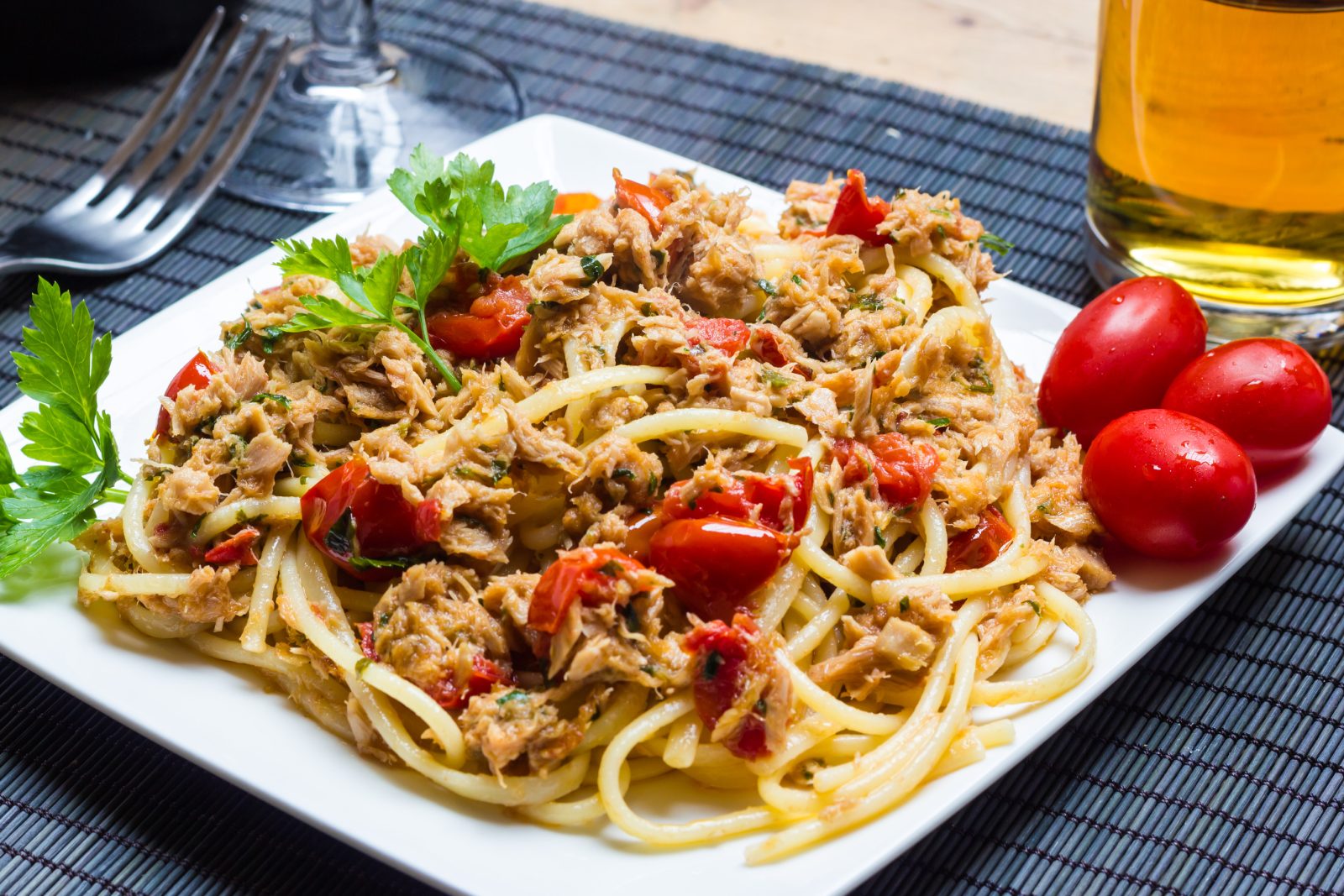 Spaghettini with Swordfish and Fresh Tomatoes — prepared dish