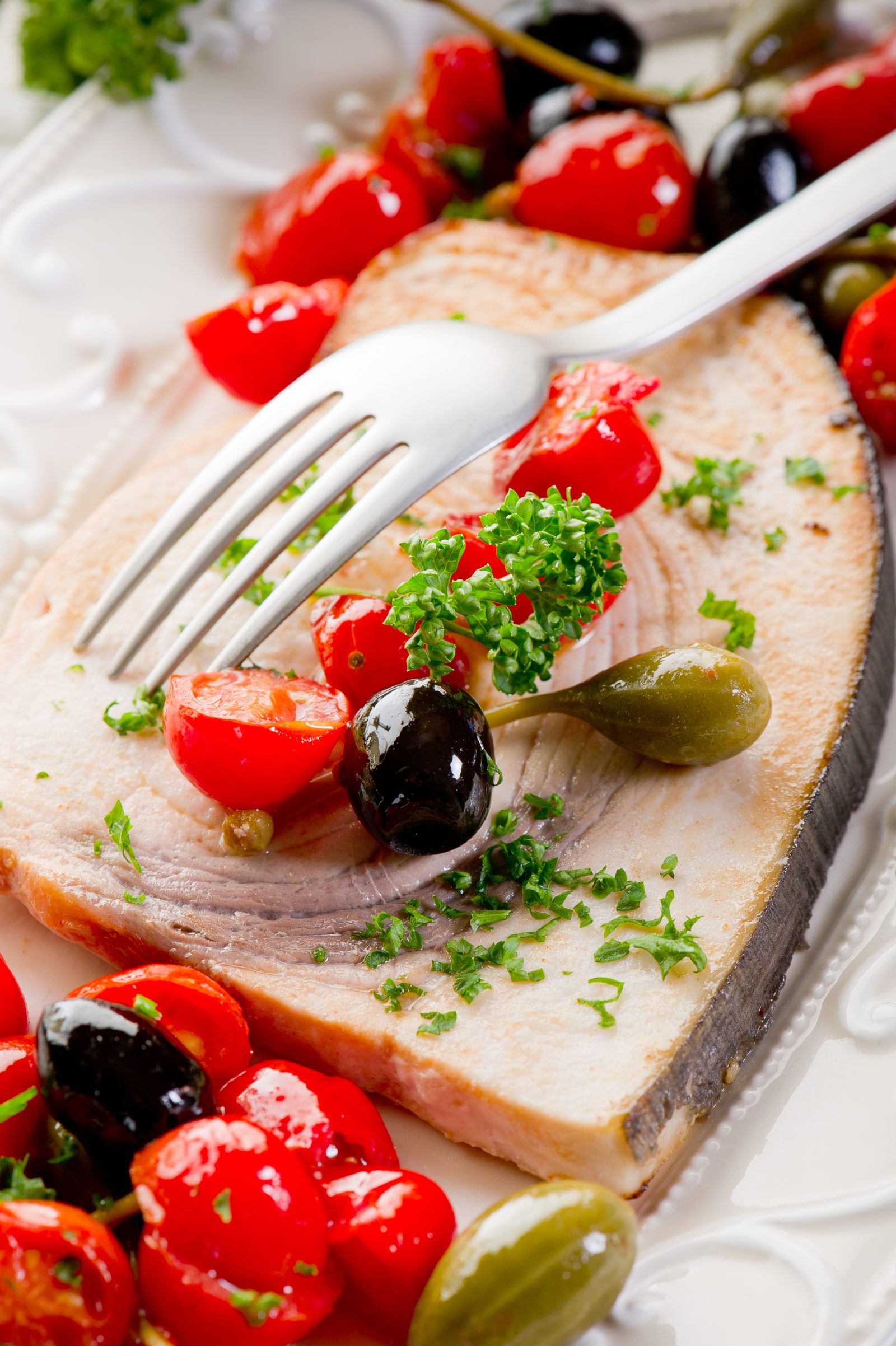 Swordfish Bundles with Fresh Tomatoes and Capers — prepared dish